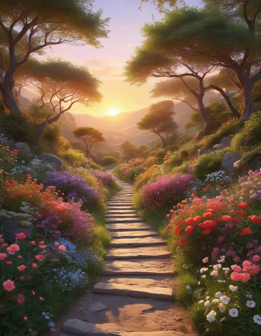 A serene winding path through a lush, vibrant landscape, leading to a distant, inviting sunset. Along the way, subtle symbols of pleasure and happiness like blooming flowers and soft, glimmering lights are scattered, creating an ethereal atmosphere. Include a couple enjoying their journey, embracing the enchanting scenery around them. The overall tone should evoke warmth and serenity. super-realistic. vibrant colors. dreamy ambiance.