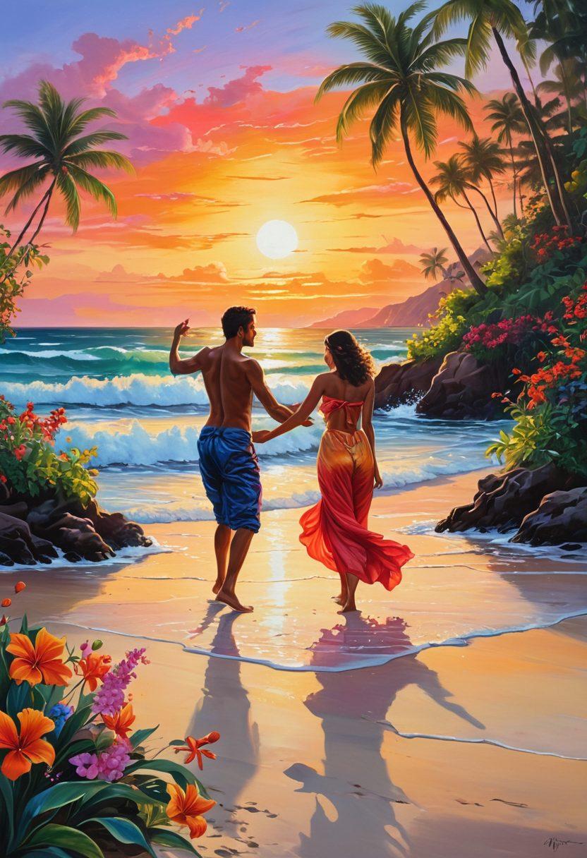 A vibrant sunset over a secluded beach, where two figures are playfully dancing in the sand, surrounded by tropical foliage and exotic flowers. Include a sense of intimacy and joy in their expression, with a backdrop of softly crashing waves. The scene should evoke a feeling of ecstasy and adventure. vibrant colors. painting.